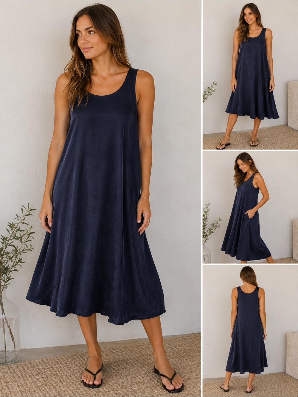 Enza Costa Navy Cupro Sleeveless Swing Dress Japanese Fabric Handmade USA Fits M